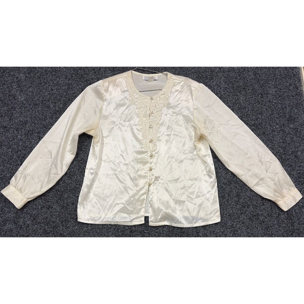 Vintage Petite Impressions Blouse Womens Small Cream Satin Lace V Neck Retro